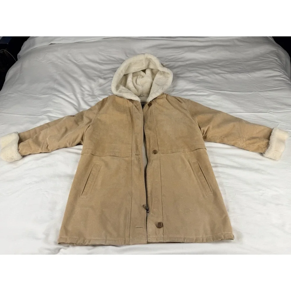 Vintage Marvin Richards Shearling Suede Leather Hooded Coat Womens L Tan